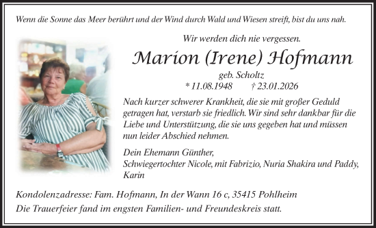 Traueranzeige von Marion Irene Hofmann von Giessener Allgemeine, Alsfelder Allgemeine, Butzbacher Zeitung