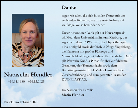 Traueranzeige von Natascha Hendler von Lauterbacher Anzeiger