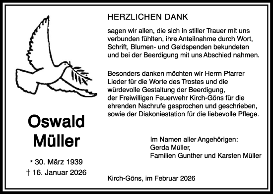 Traueranzeige von Oswald Müller von Butzbacher Zeitung