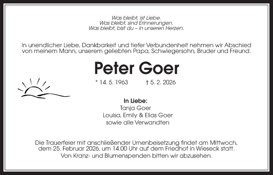 Traueranzeige von Peter Goer von Giessener Allgemeine, Alsfelder Allgemeine