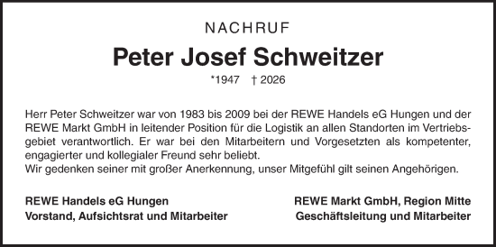 Traueranzeige von Peter Josef Schweitzer von Giessener Allgemeine, Alsfelder Allgemeine, Wetterauer Zeitung