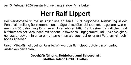 Traueranzeige von Ralf Lippert von Giessener Anzeiger, Giessener Allgemeine, Alsfelder Allgemeine