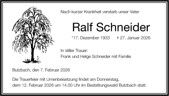 Traueranzeige von Ralf Schneider von Butzbacher Zeitung