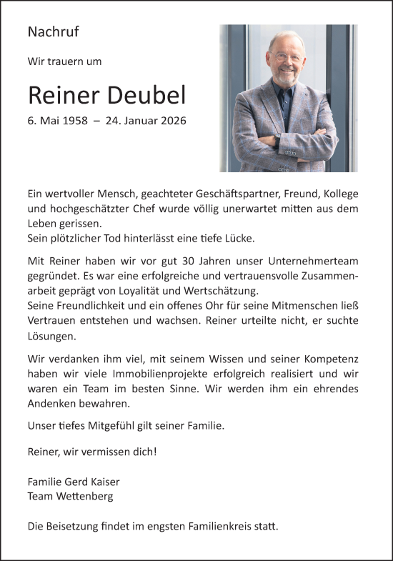 Traueranzeige von Reiner Deubel von Giessener Allgemeine, Alsfelder Allgemeine, Giessener Anzeiger