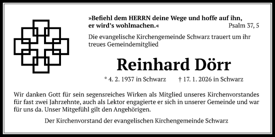 Traueranzeige von Reinhard Dörr von Oberhessische Zeitung