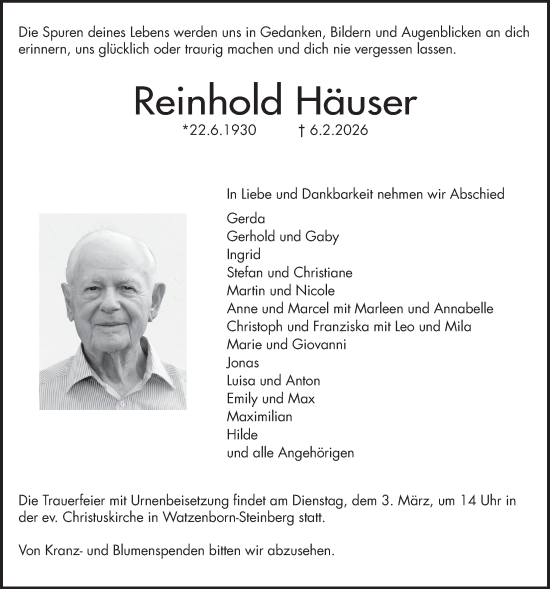 Traueranzeige von Reinhold Häuser von Giessener Anzeiger, Giessener Allgemeine, Alsfelder Allgemeine