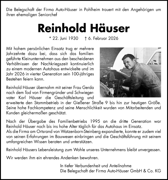 Traueranzeige von Reinhold Häuser von Giessener Anzeiger, Giessener Allgemeine, Alsfelder Allgemeine