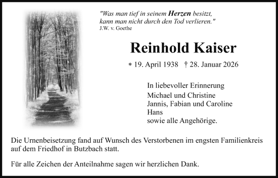 Traueranzeige von Reinhold Kaiser von Butzbacher Zeitung