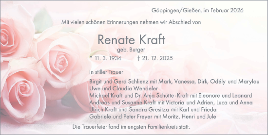 Traueranzeige von Renate Kraft von Giessener Allgemeine, Alsfelder Allgemeine, Giessener Anzeiger