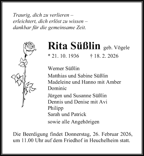 Traueranzeige von Rita Süßlin von Giessener Anzeiger, Giessener Allgemeine, Alsfelder Allgemeine