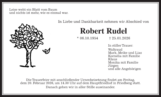 Traueranzeige von Robert Rudel von Wetterauer Zeitung
