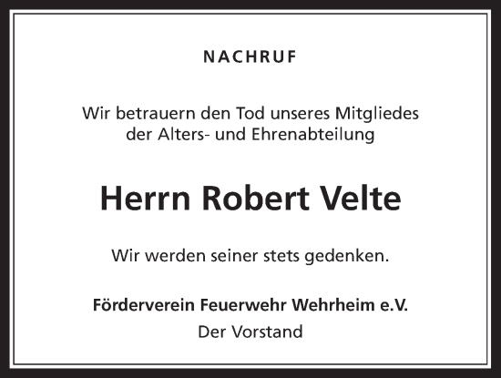 Traueranzeige von Robert Velte von Usinger Anzeiger