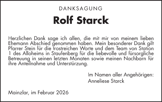 Traueranzeige von Rolf Starck von Giessener Allgemeine, Alsfelder Allgemeine