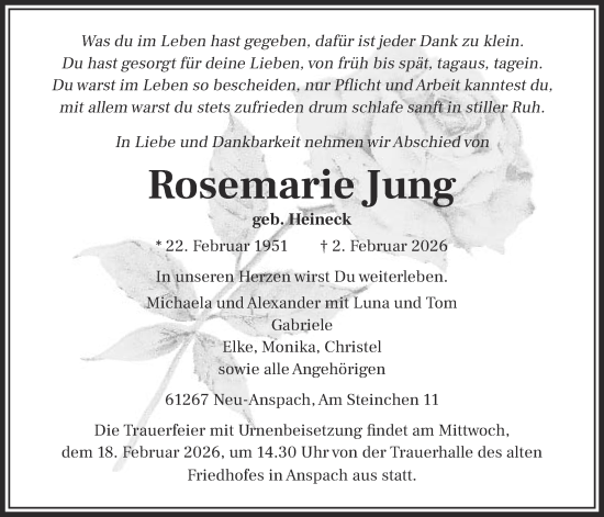 Traueranzeige von Rosemarie Jung von Usinger Anzeigenblatt