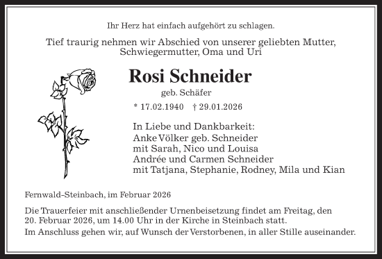 Traueranzeige von Rosi Schneider von Giessener Allgemeine, Alsfelder Allgemeine