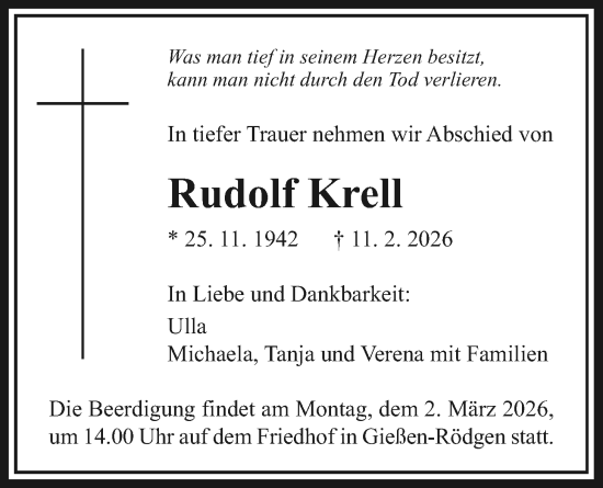 Traueranzeige von Rudolf Krell von Giessener Anzeiger, Giessener Allgemeine, Alsfelder Allgemeine