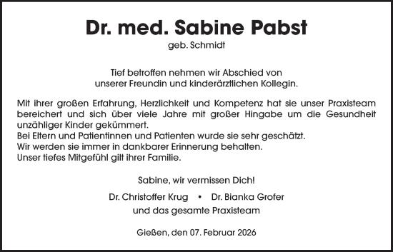 Traueranzeige von Sabine Pabst von Wetterauer Zeitung, Giessener Allgemeine, Alsfelder Allgemeine