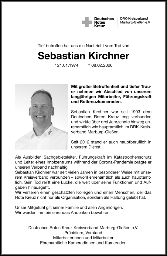 Traueranzeige von Sebastian Kirchner von Giessener Allgemeine, Alsfelder Allgemeine, Giessener Anzeiger
