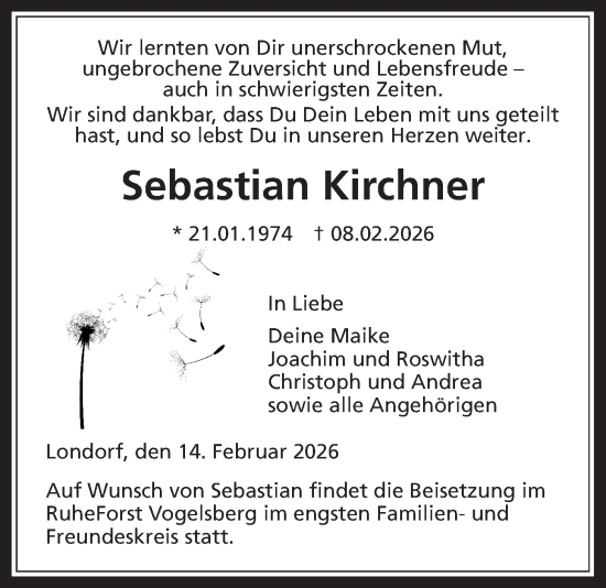 Traueranzeige von Sebastian Kirchner von Giessener Allgemeine, Alsfelder Allgemeine, Giessener Anzeiger