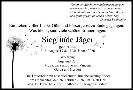 Traueranzeige von Sieglinde Jäger von Usinger Anzeigenblatt