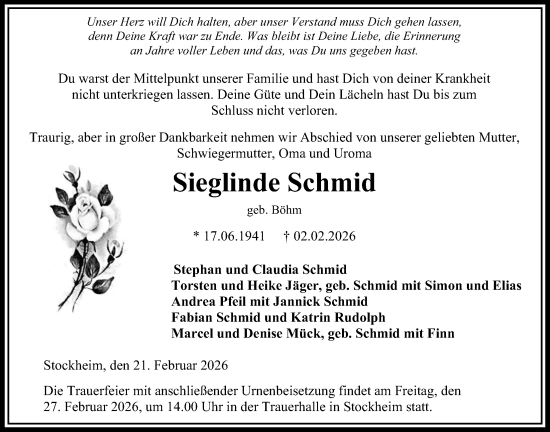 Traueranzeige von Sieglinde Schmid von Kreis-Anzeiger