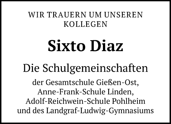 Traueranzeige von Sixto Diaz von Giessener Allgemeine, Alsfelder Allgemeine
