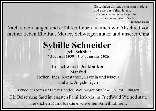 Traueranzeige von Sybille Schneider von Usinger Anzeigenblatt