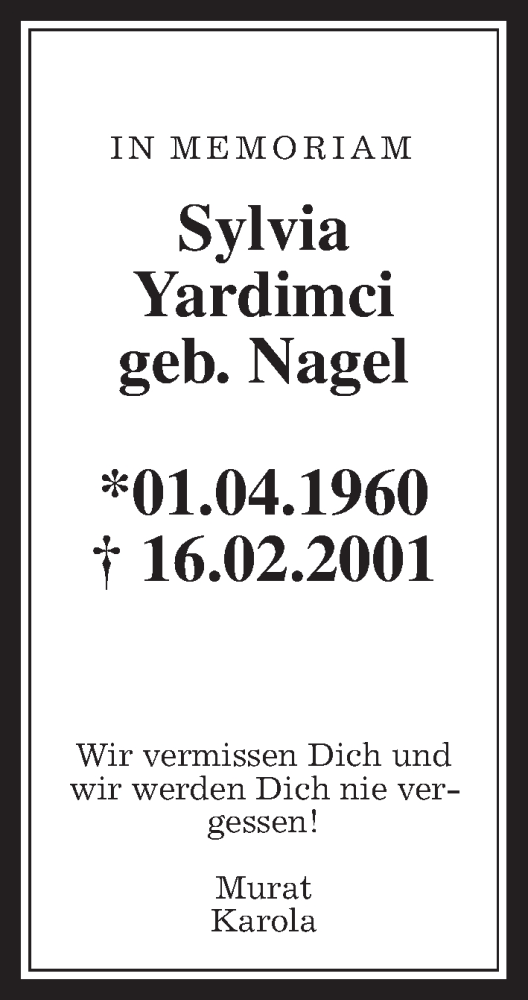 Traueranzeige von Sylvia Yardimci von Wetterauer Zeitung