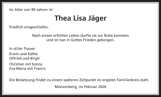 Traueranzeige von Thea Lisa Jäger von Butzbacher Zeitung