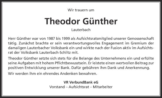 Traueranzeige von Theodor Günther von Alsfelder Allgemeine, Lauterbacher Anzeiger, Oberhessische Zeitung