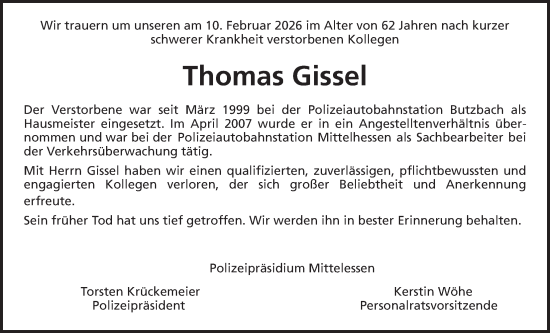 Traueranzeige von Thomas Gissel von Butzbacher Zeitung