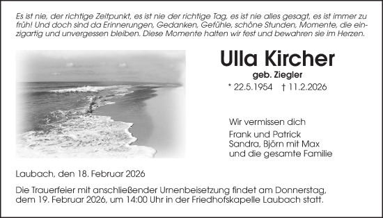 Traueranzeige von Ulla Kircher von Laubacher Anzeiger