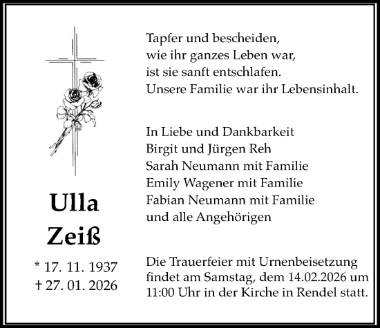 Traueranzeige von Ulla Zeiß von Bad Vilbel/Karben