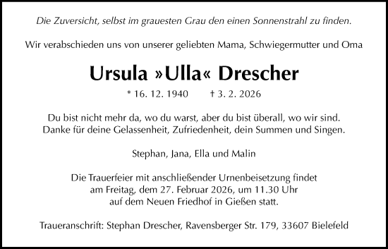Traueranzeige von Ursula Drescher von Giessener Anzeiger, Giessener Allgemeine, Alsfelder Allgemeine