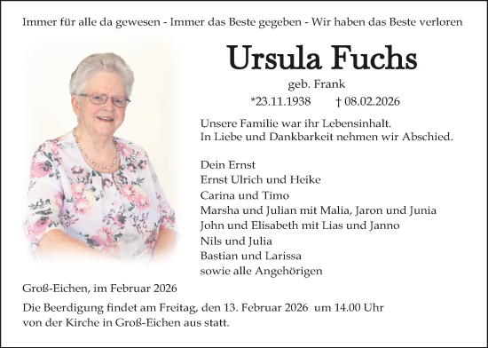 Traueranzeige von Ursula Fuchs von Giessener Allgemeine, Alsfelder Allgemeine