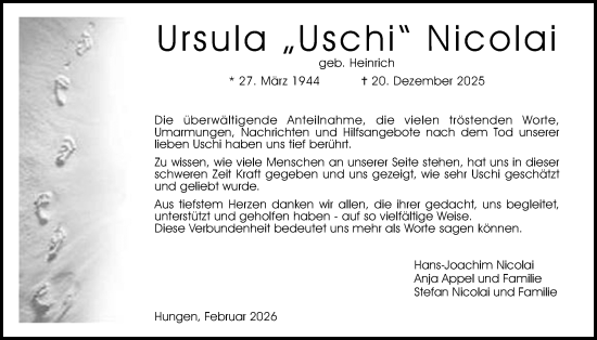Traueranzeige von Ursula Nicolai von Licher Wochenblatt