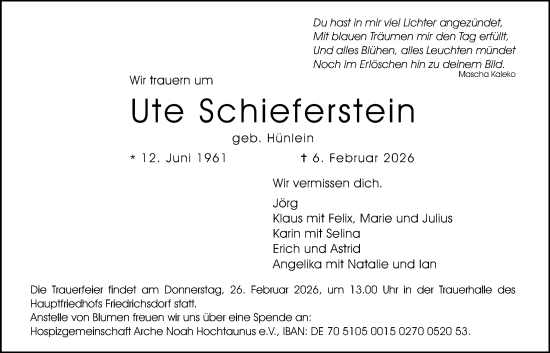 Traueranzeige von Ute Schieferstein von Wetterauer Zeitung