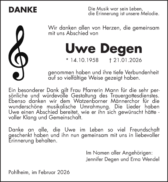 Traueranzeige von Uwe Degen von Giessener Allgemeine, Alsfelder Allgemeine, Giessener Anzeiger, Pohlheimer Nachrichten
