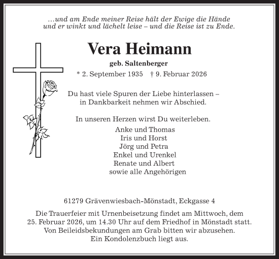 Traueranzeige von Vera Heimann von Usinger Anzeiger, Usinger Anzeigenblatt