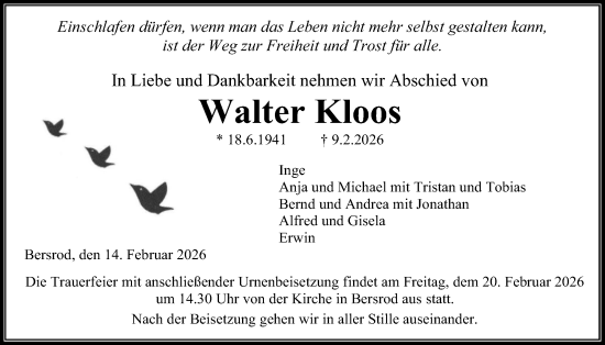 Traueranzeige von Walter Kloos von Giessener Allgemeine, Alsfelder Allgemeine
