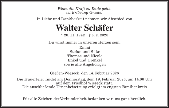 Traueranzeige von Walter Schäfer von Giessener Allgemeine, Alsfelder Allgemeine