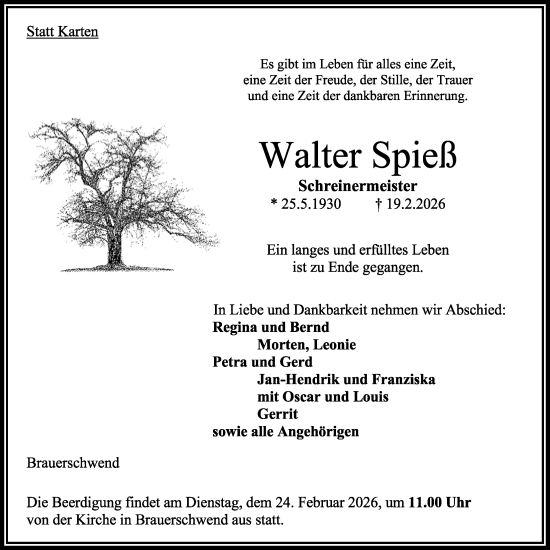 Traueranzeige von Walter Spieß von Oberhessische Zeitung