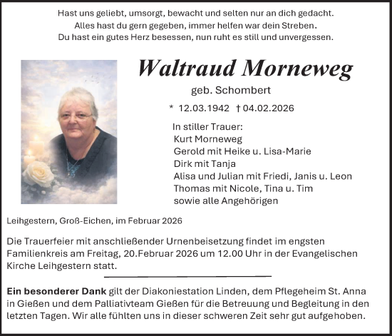 Traueranzeige von Waltraud Morneweg von Giessener Allgemeine, Alsfelder Allgemeine
