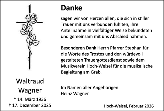 Traueranzeige von Waltraud Wagner von Butzbacher Zeitung