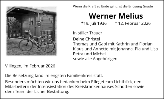 Traueranzeige von Werner Melius von Giessener Allgemeine, Alsfelder Allgemeine