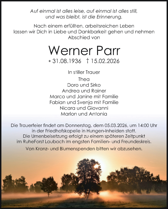 Traueranzeige von Werner Parr von Licher Wochenblatt