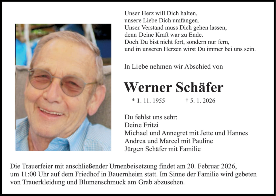 Traueranzeige von Werner Schäfer von Wetterauer Zeitung