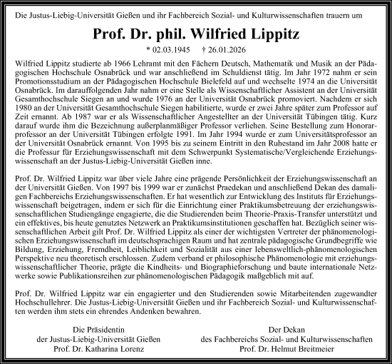 Traueranzeige von Wilfried Lippitz von Giessener Anzeiger, Giessener Allgemeine, Alsfelder Allgemeine