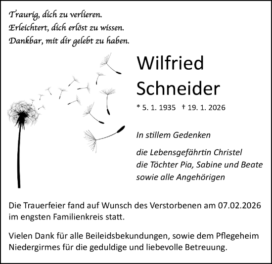 Traueranzeige von Wilfried Schneider von Giessener Allgemeine, Alsfelder Allgemeine, Giessener Anzeiger
