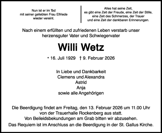 Traueranzeige von Willi Wetz von Butzbacher Zeitung, Wetterauer Zeitung